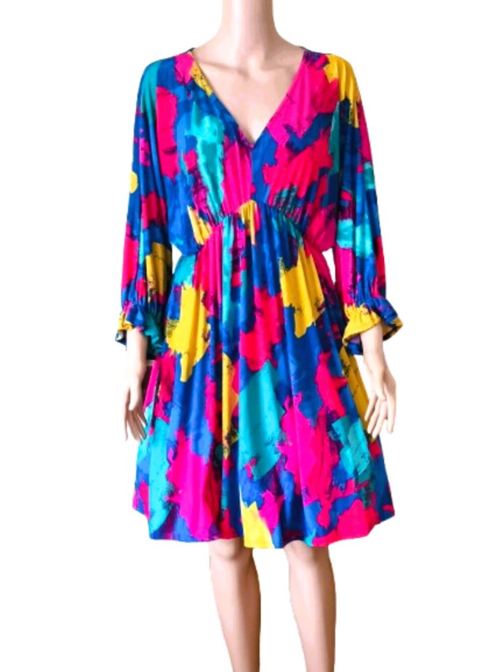 White Birch Empire Waist Dress L Multi Color Abstract V-neck 3/4 Puff Sleeves